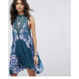 Free People Marsha Teal Green Print Lace Slip Dress Large